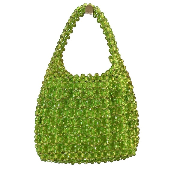 Vintage Acrylic Acid Lime Green Neon Beaded Small Handbag Retro Purse - Picture 8 of 9